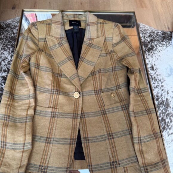 Chic Pre-Loved Smythe Tan & Navy Burlap Plaid Linen Duchess Blazer - Women's 2 - Picture 12 of 12